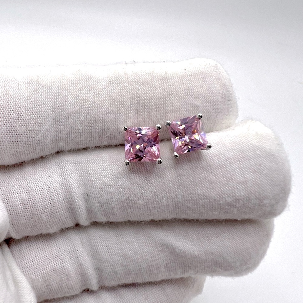 7mm Square Pink Cz .925 Sterling Silver Earrings